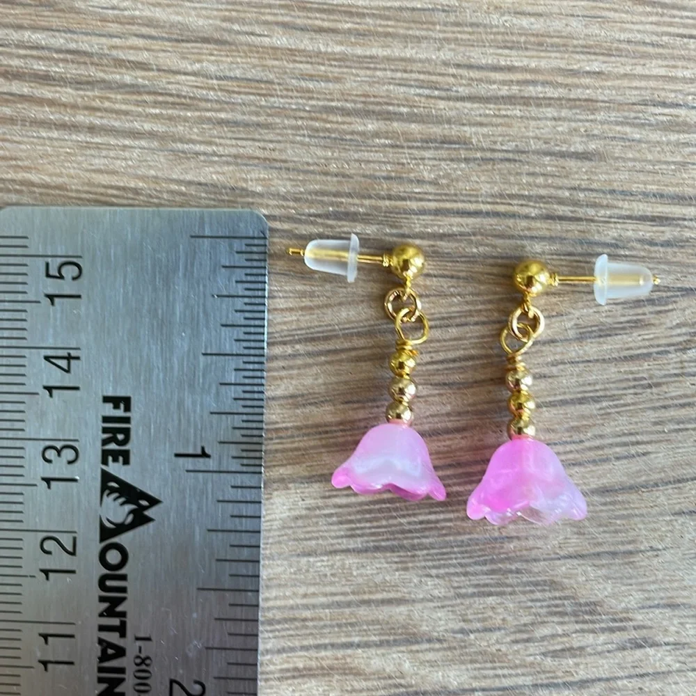 HAND CRAFTED DAINTY PINK FLOWER DROP PIERCED EARRINGS Pink Gold